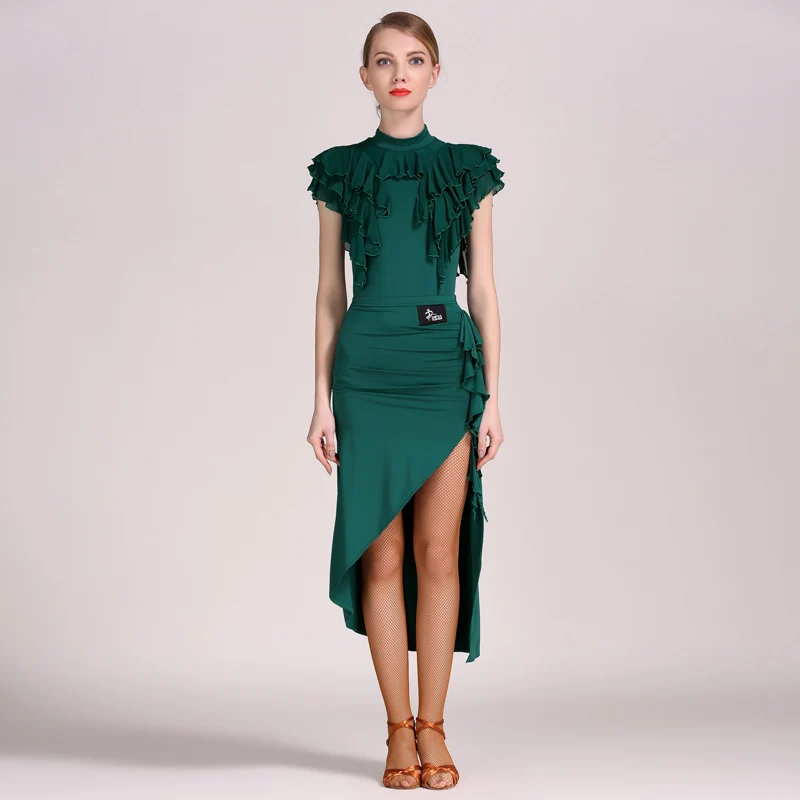 Blackish green Новинка года костюм для латинских танцев тренировочный комплект динамическое платье с рукавами Лотос Высокое качество Лидер продаж - Цвет: Blackish green