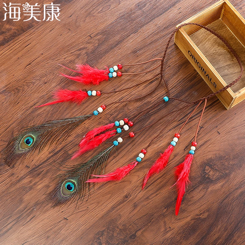 

Haimeikang, индийская двойная головная повязка с искусственными перьями, Женский богемный головной убор, регулируемые аксессуары для волос