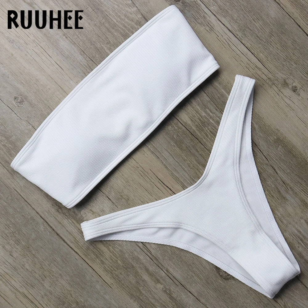 Женский купальник бикини RUUHEE однотонный бандо с ремешком на спине для