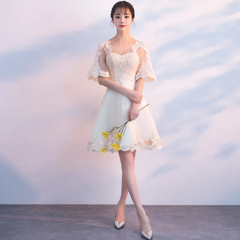 Champagne Robe de soiree, черные кружевные модные короткие вечерние платья с открытой спиной, пышные рукава, vestido de festa, платья для выпускного вечера, Платья для вечеринок - Цвет: Champagne