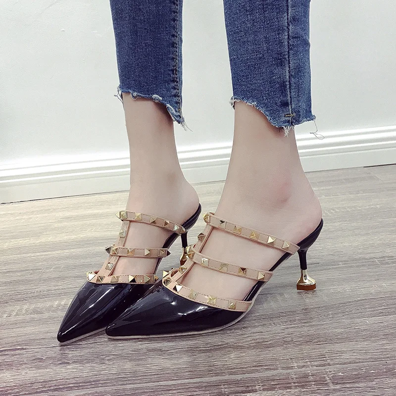 Женские летние туфли-лодочки без задника на высоком каблуке Женская пикантная