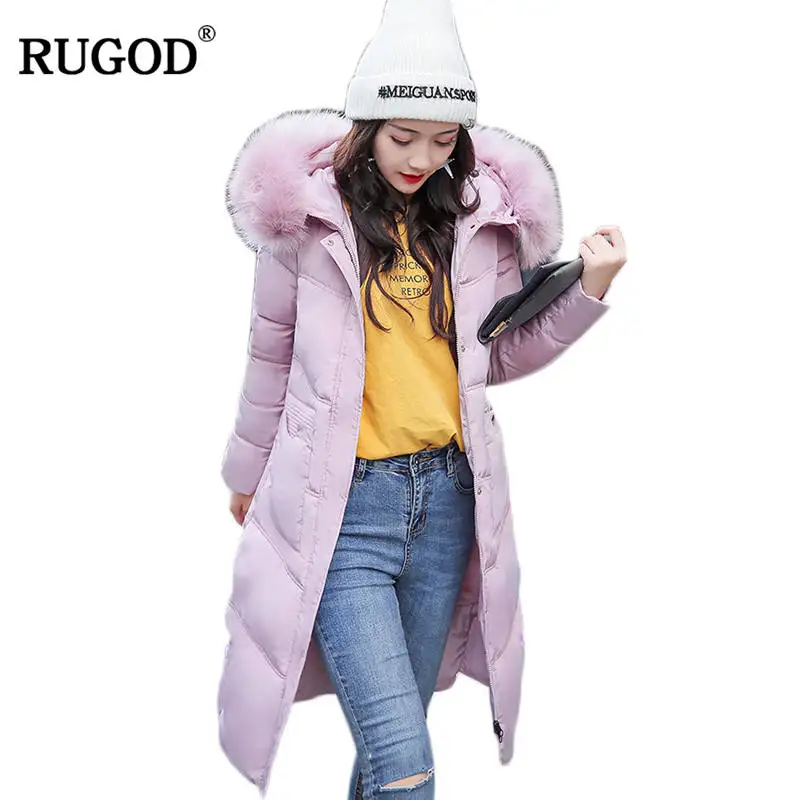 RUGOD модная женская кофта большой енота меховой воротник пальто с капюшоном теплые парки Длинные зимняя куртка одежда высшего качества - Цвет: Розовый