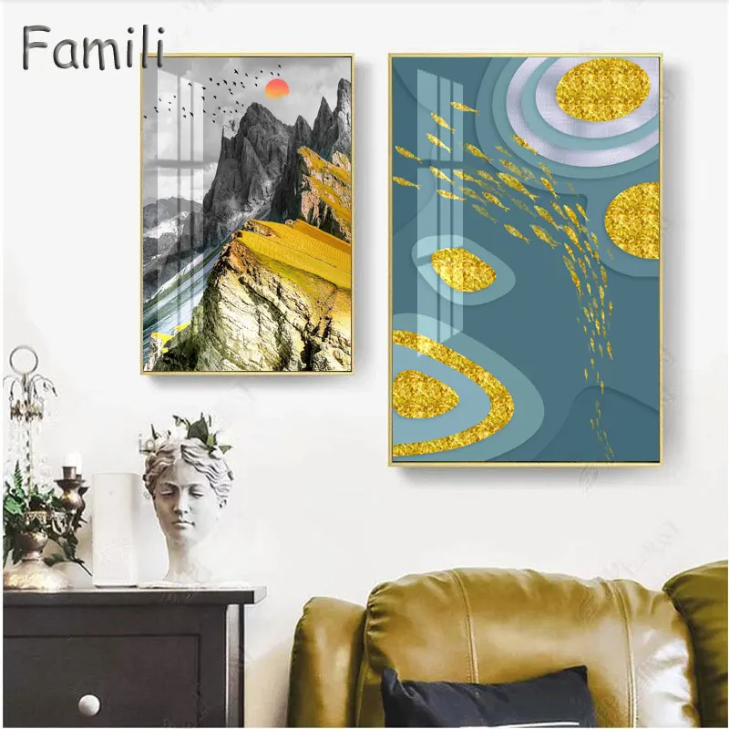 Скандинавский абстрактный цвет синий золотой Холст картина плакат и печать