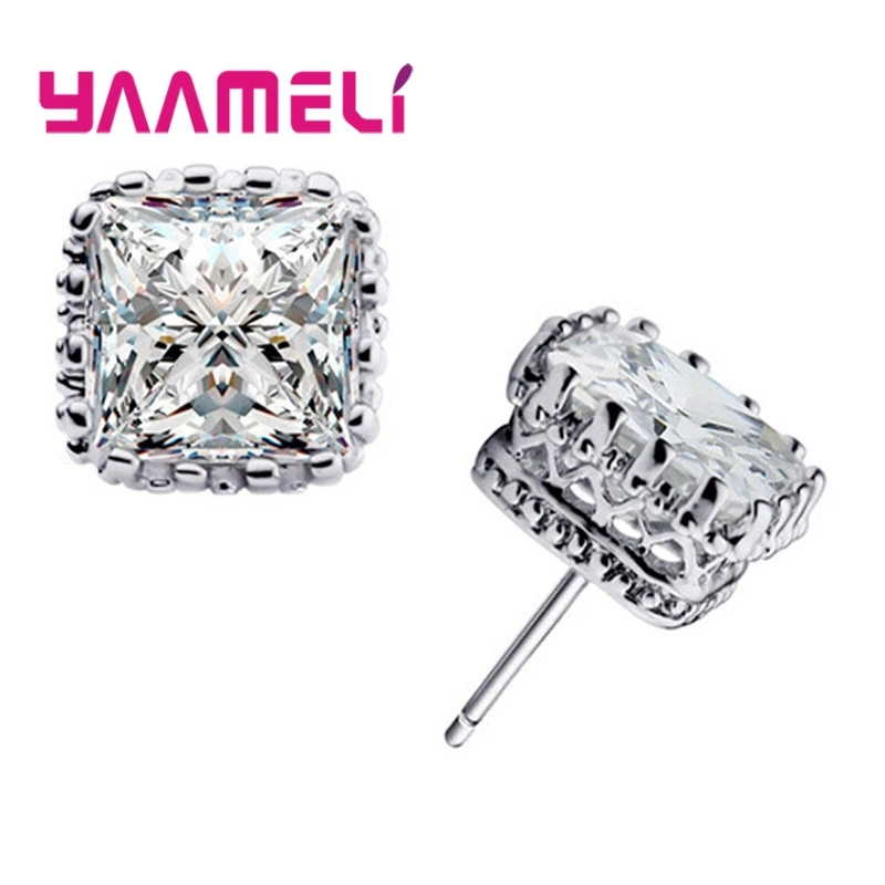 

New Arrival 925 Sterling Silver Stud Earrings With 6MM Square Cubic Zirconia Ear Brincos Free Shipping For Women's Gift