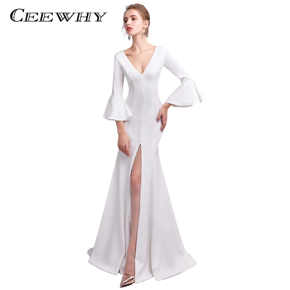 Женское длинное вечернее платье с воланом V образным вырезом и разрезом|robe de