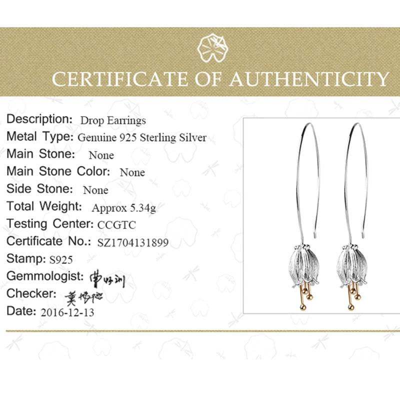 Женские серьги подвески Lotus Fun из серебра 925 пробы с цветком и колокольчиком|earrings