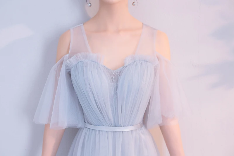 Длинное платье подружки невесты синее серое Сетчатое для свадебного банкета