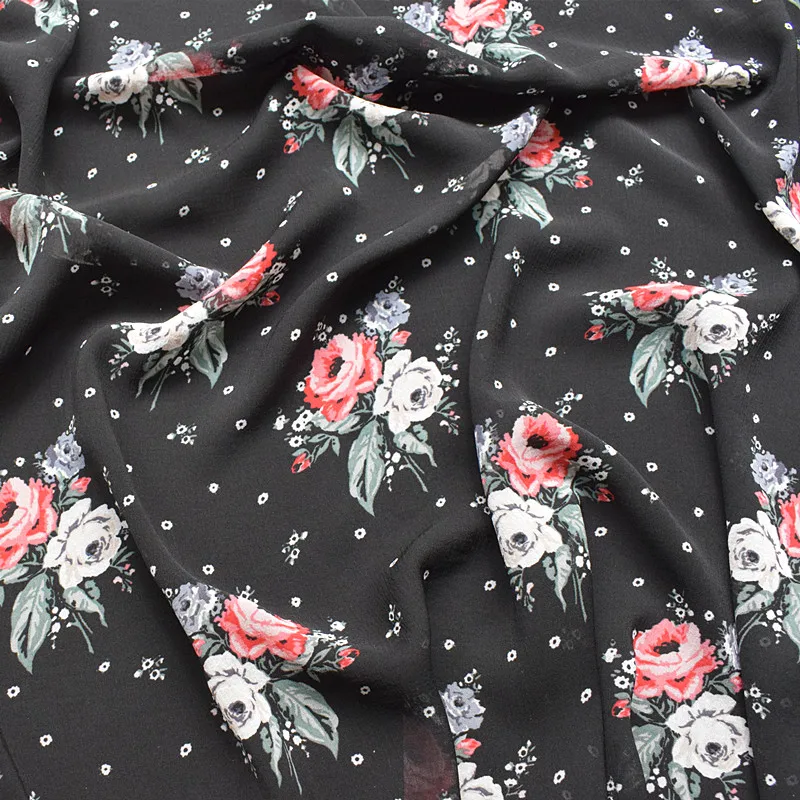 2019 new nano-crepe chiffon summer printed fabrics black background red and white rose high-end clothing | Дом и сад