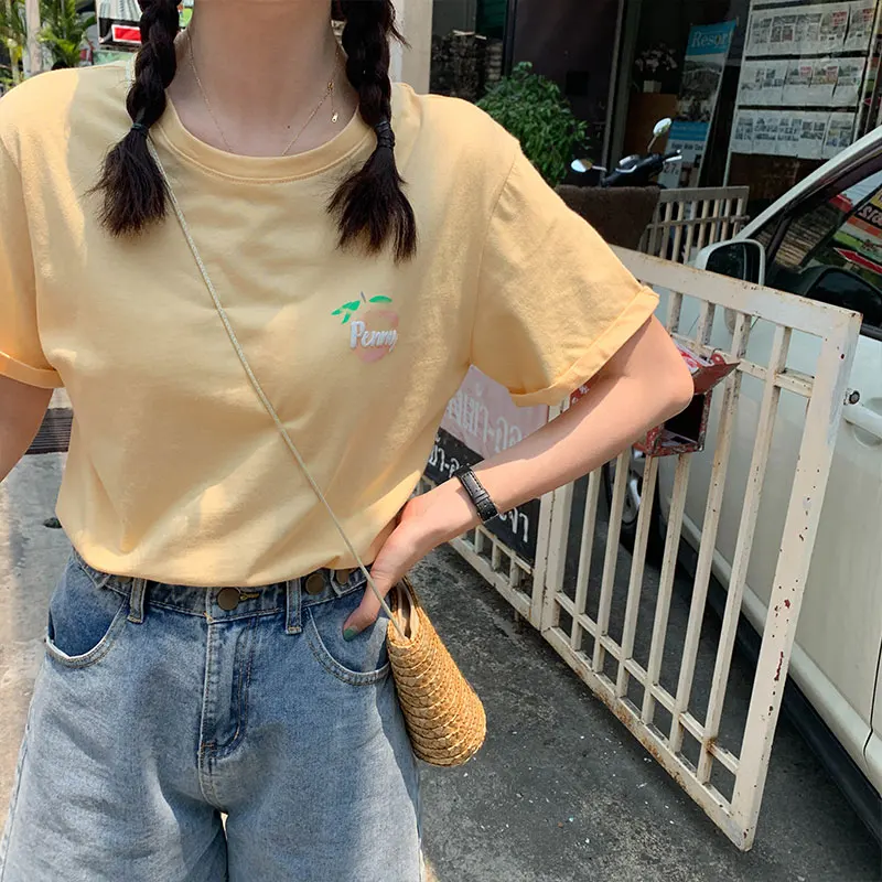 Ulzzang kawaii Топы 2019 лето в Корейском стиле женская футболка мода сладкий печати