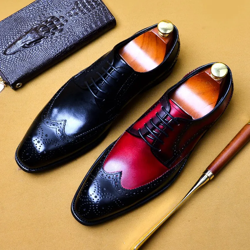 

Luxury Genuine Leather Formal Dress Wingtip Brogues Shoes Square Toe Derby Men's Handcrafted Mixed Color Oxfords For Male AS129