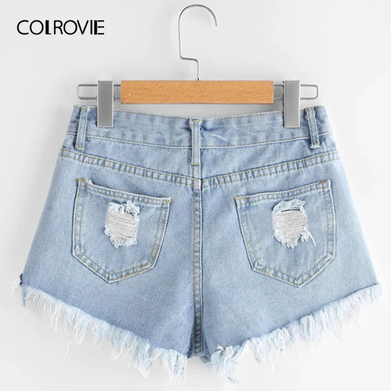 COLROVIE размера плюс, синие, одноцветные, потертые края, рваные, повседневные, джинсовые шорты для женщин, лето, уличная одежда, на пуговицах, с потертостями, шорты