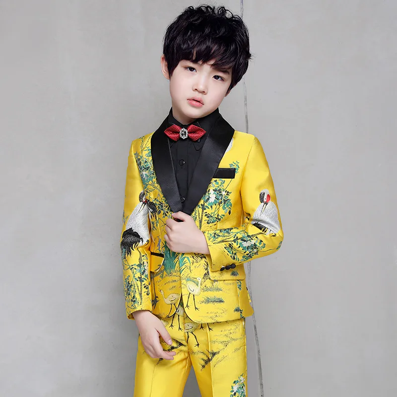 Formal Children's Dress Suits Set Handsome British Boys Piano Wedding Party Costumes Kids Embroidery Blazer Shirt Pants Clothes