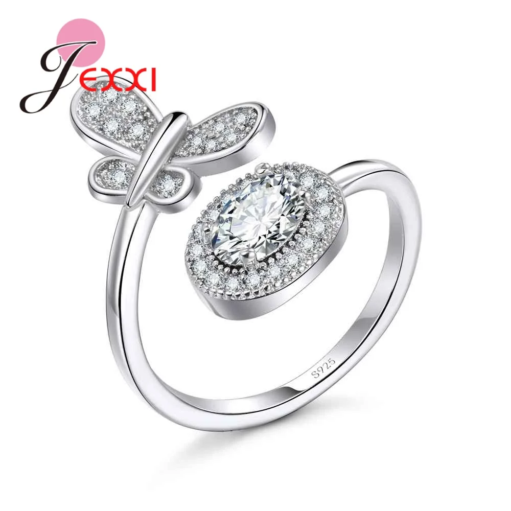 

New Summer Collections 925 Sterling Silver Cute Butterfly S Women Girls Adjustable Band Rings With Clear CZ Jewelry
