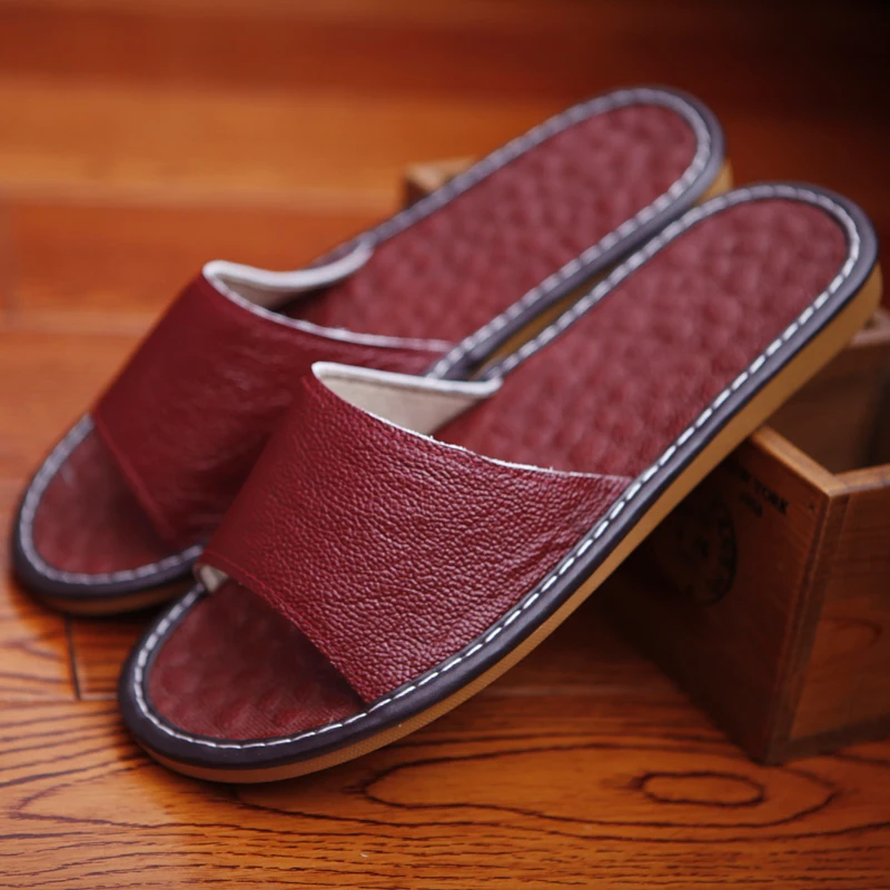 

Genuine Leather Couple's Summer Home Slippers Breathable Anti-Skip Full Grain Cow Leather Indoor Casual Shoes for Men and Women