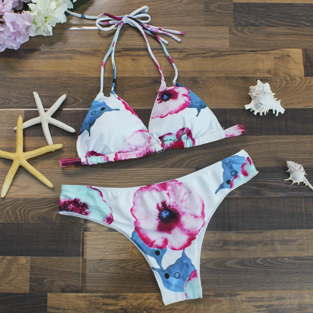 Цветочные Бикини Холтер Шеи Женщин Купальники Бразильские Танга Купальник