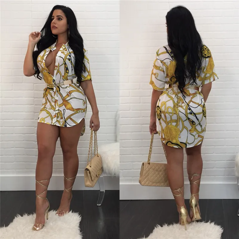 Блузка женская с коротким рукавом и отложным воротником золотыми цепочками|printed