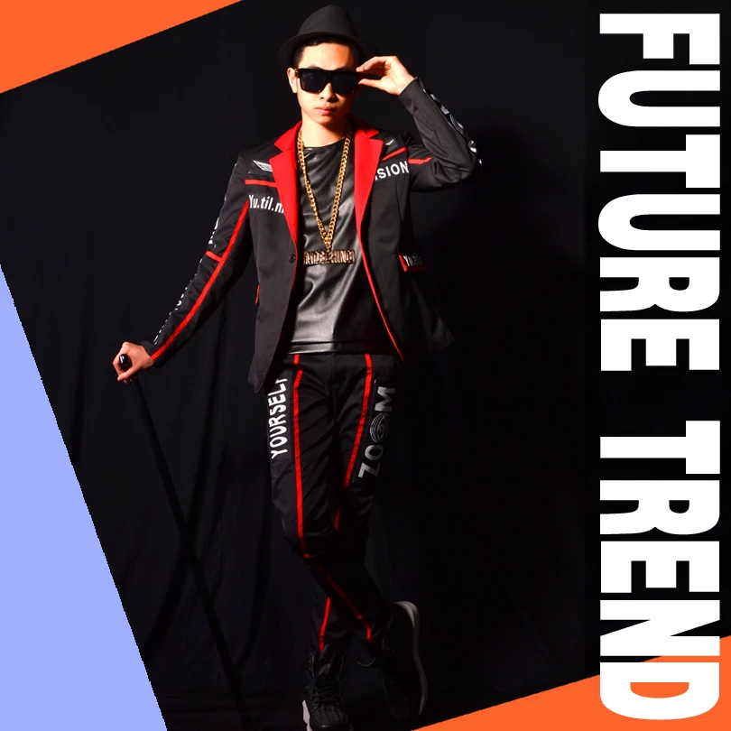 

m-6xl//Nightclub male singer DJ quan zhilong black cloth tiled suit bar costume accessories.