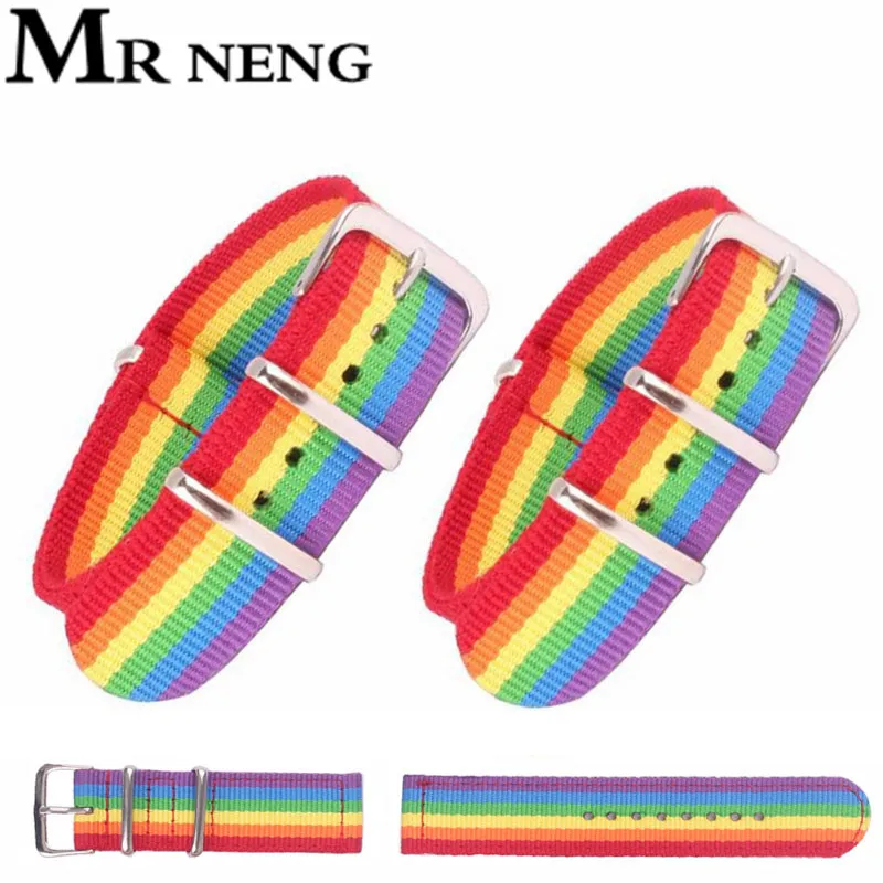MR NENG For Rainbow Nato Woven Fiber watchband 14 18 20 22 24mm Nylon Watch Bracelet Straps Wristwatch Band Buckle Canvas fabric
