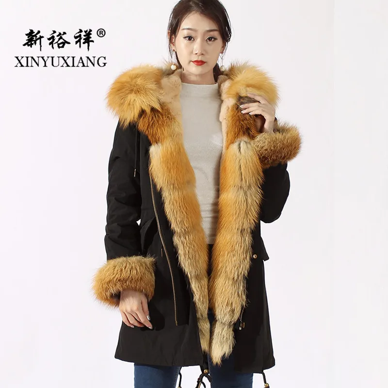 Женские парки XINYUXIANG длинная Черная куртка золотистого цвета с подкладкой из