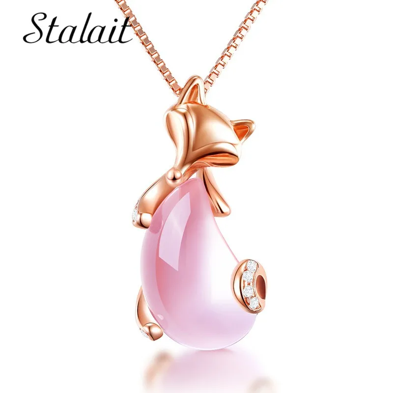 

Created Pink Opal Fox Pendant Necklace Rose Gold Color Animal Necklace For Women Fashion Jewelry Collar Bijoux 2018