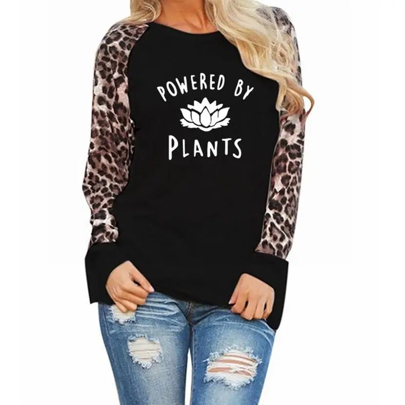 

2019Fashion Leopard Print Long Sleeve T-Shirt T-Shirt for Women Powered By Plants Letters Print Tshirt T-Shirt Female Top Tumblr