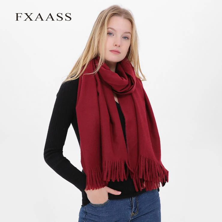 

FXAASS New Autumn/Winter Woolen Shawl Fashion Women Large Scarf Luxury Tassel Cashmere Scarves Couple Solid Pashmina Wholesale