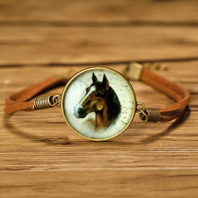 Женский кожаный браслет Caxybb со стеклом и веревкой с животным лошадью котом - Фото №1