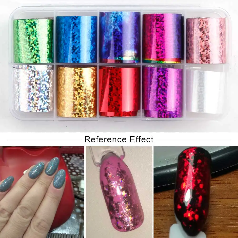 Set J 10 шт. голографическое искусство ногтей DIY наклейки 2,5 см* 100 см Советы Обертывания ногтей фольга рулон переноса клей блестки Акриловые DIY украшения - Цвет: Set J