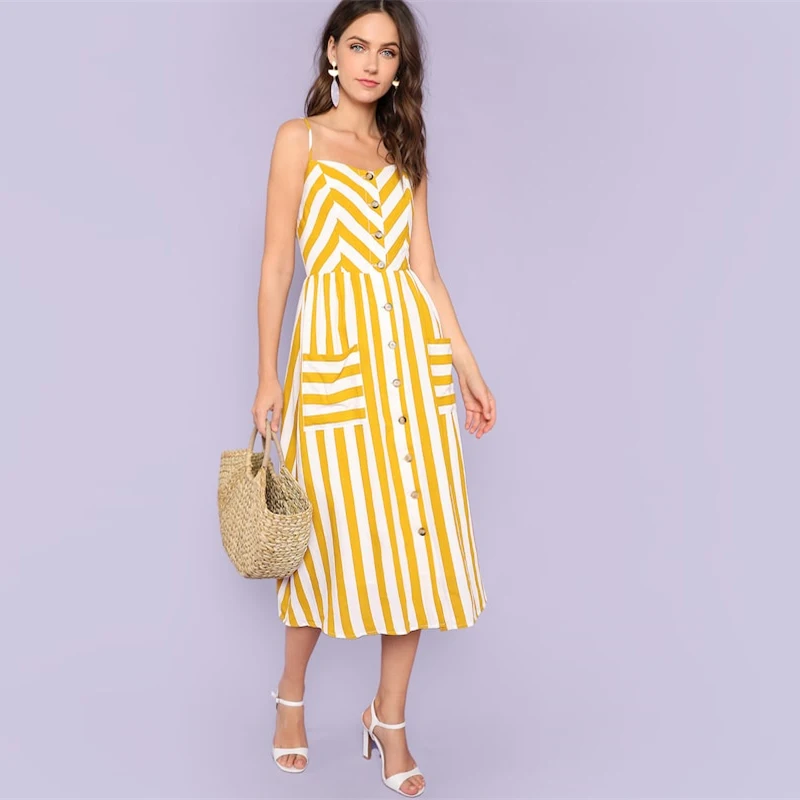 SHEIN/детское желтое Полосатое платье-комбинация на пуговицах для мамы и детей; коллекция года; Летние повседневные платья без рукавов с карманами для мамы и дочки