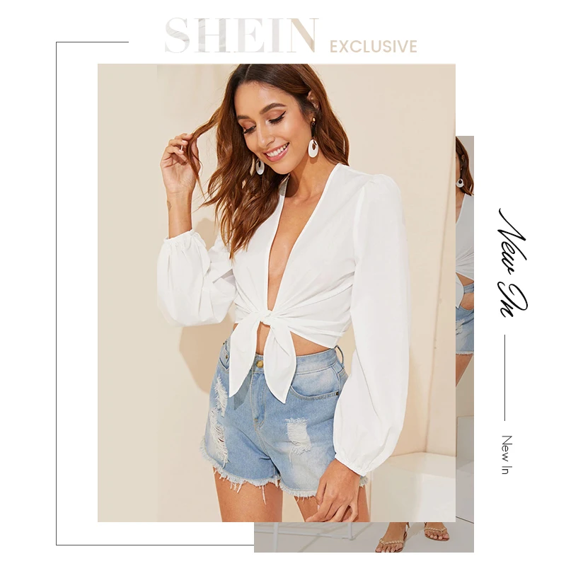 SHEIN Топ С Оригинальным Рукавом И Глубоким Вырезом Женские Белые Сексуальные Блузки С Длинными Рукавами