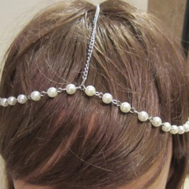 Брачные цепочки на голову, украшение на лоб в стиле арт-деко с имитацией жемчуга и тиара на лбу, бохо украшение для головы.