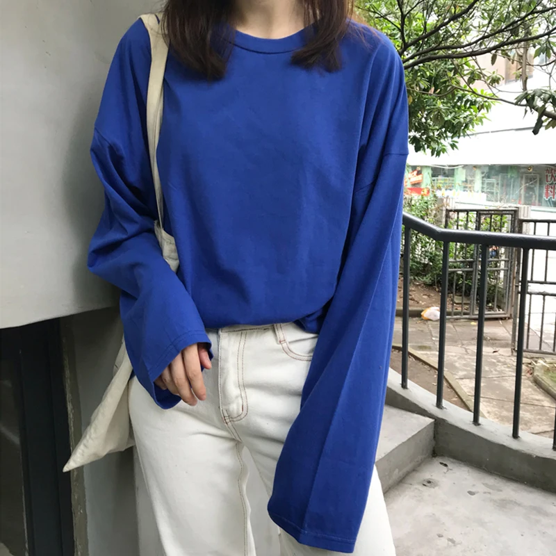 

YouGeMan Womens Long Sleeve T-shirts Autumn Korean Style Ulzzang Harajuku Vintage Solid Loose T-shirt Female Casual Tshirt Tops