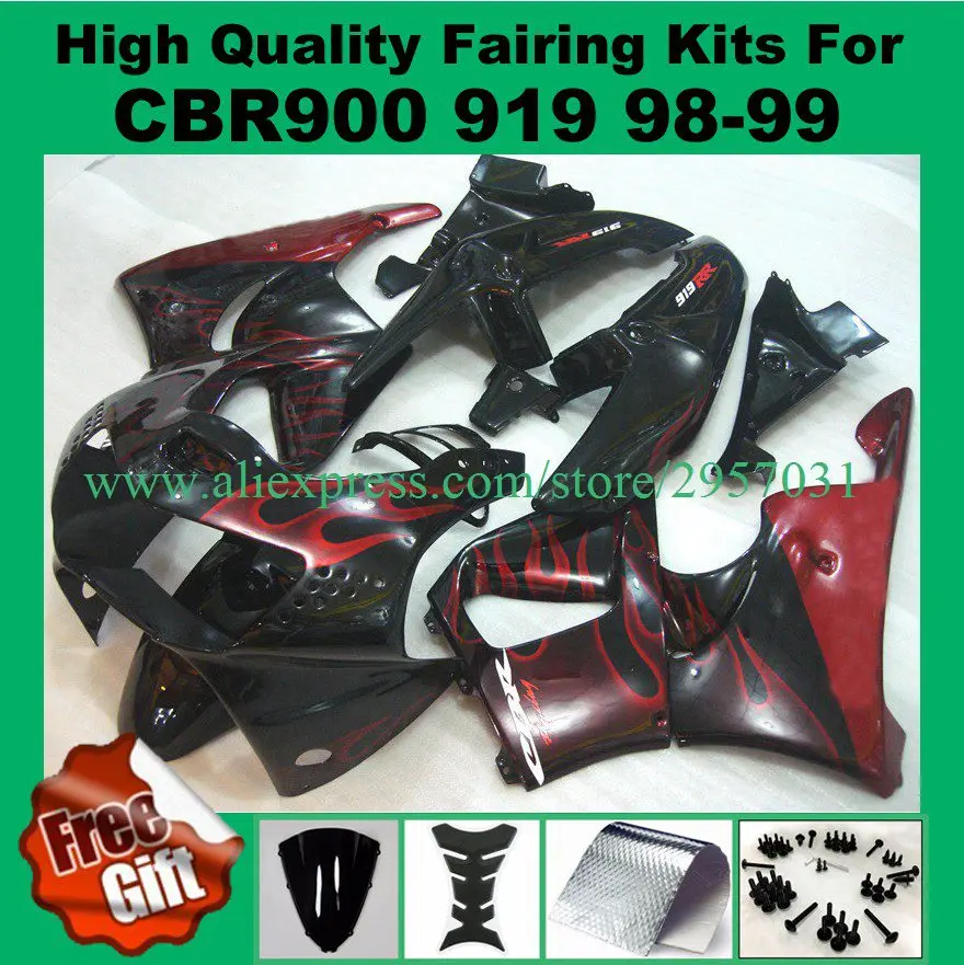 

Free screws+gifts Fairing kit for HONDA CBR900RR 919 98 99 Red Flames Black CBR 900RR CBR900 1998 1999 ABS Fairings set