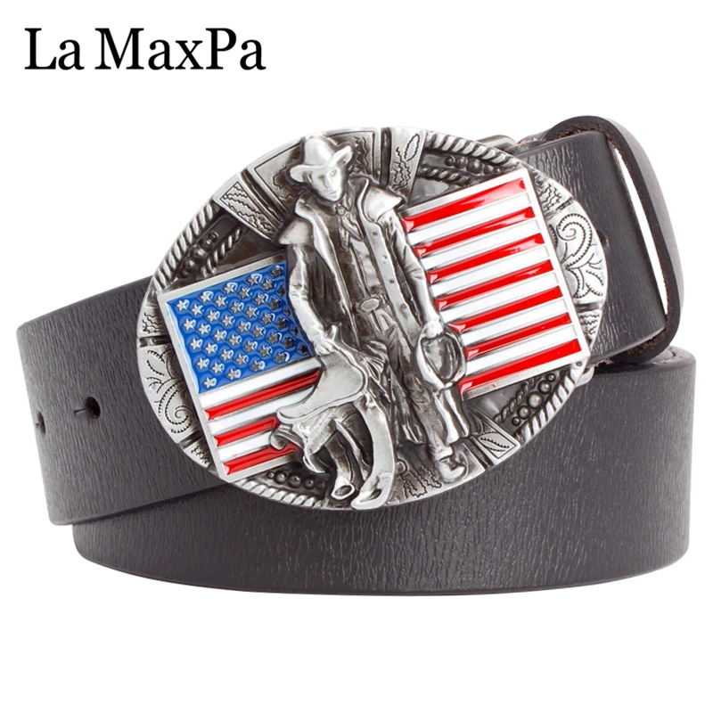 

La MaxPa Men's genuine leather belt west cowboy style buckle cowboy myth American Western Story US flag jeans belt