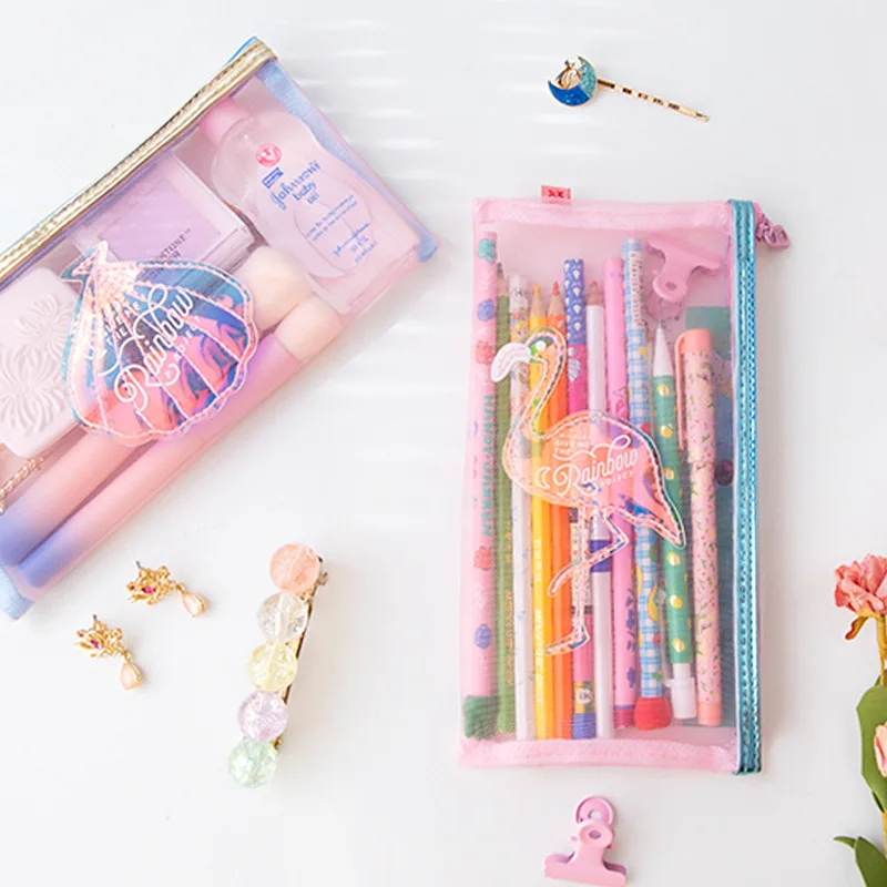 

Transparent Pencilcase Kawaii Pencil Case for Girls Cute Laser Flamingo Shell Penalty Pen Case Penal Box Stationery Cosmetic Bag