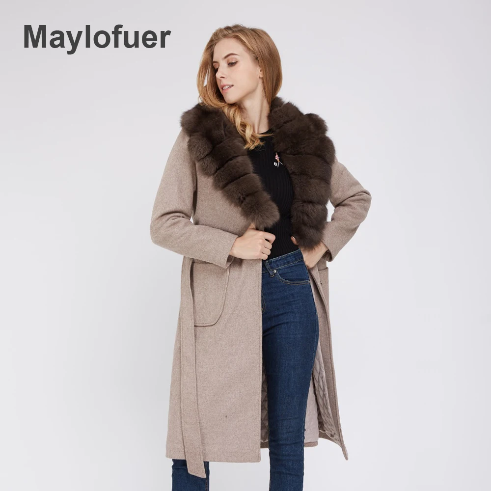 Maylofuer Женское пальто из натурального меха лисы длинное шерстяное меховая одежда