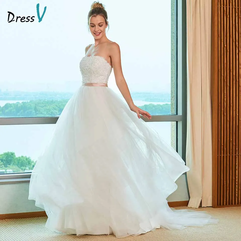 Dressv элегантное бальное платье свадебное без бретелек с коротким шлейфом