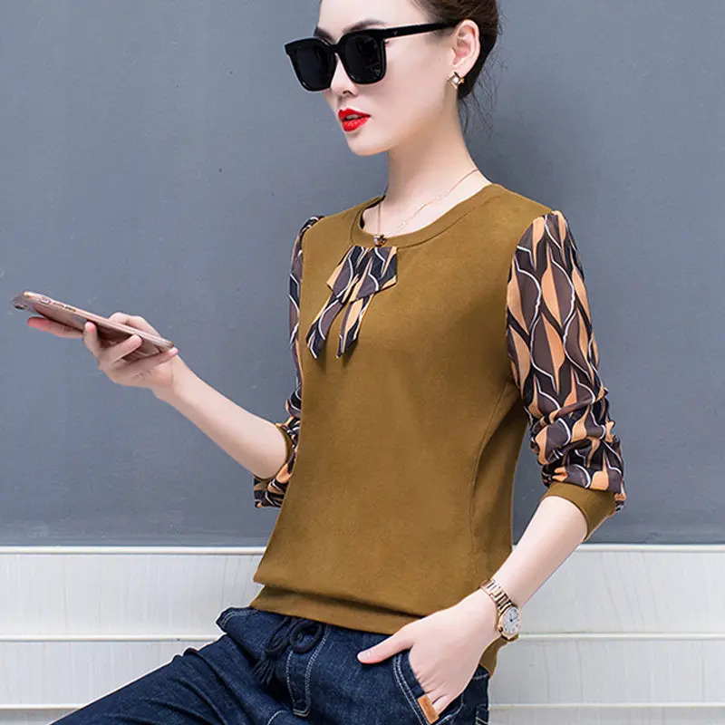 Осень 2019 Лоскутная Блузка женские топы размера плюс рубашки с принтом