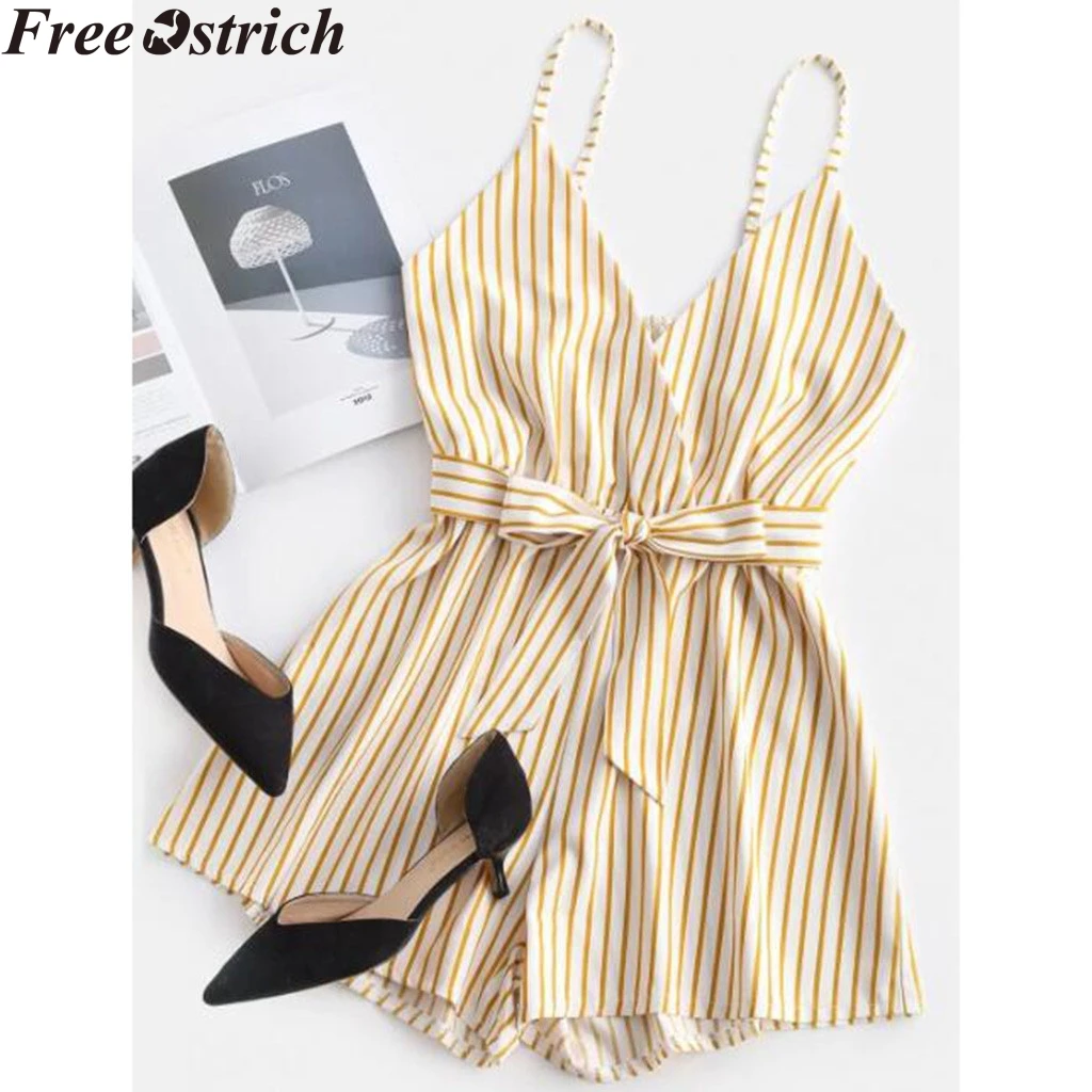 Женский Летний полосатый комбинезон на бретельках короткий с высокой талией