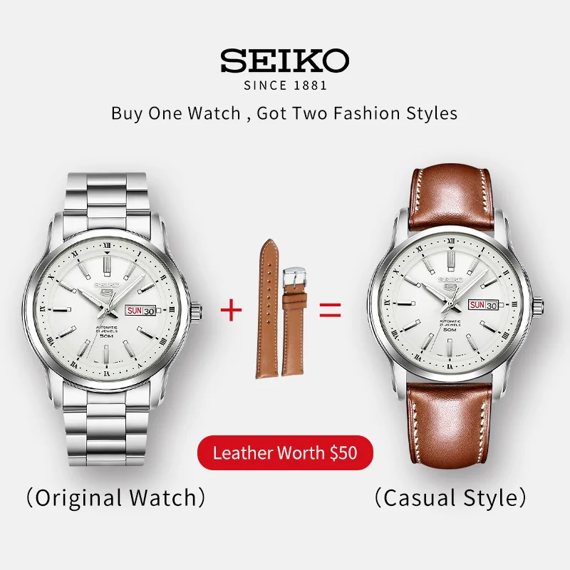 SNKP09K1 Leather Оригинальные мужские часы SEIKO 5 с автоматическим перемещением, механические наручные часы 5 бар, водонепроницаемые светящиеся, глобальная гарантия SNKM87J1 - Цвет: SNKP09K1 Leather