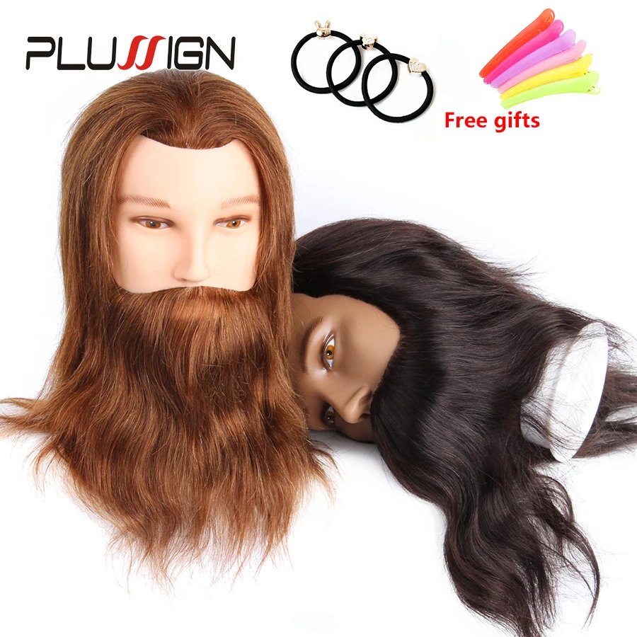 Plussign 100% Real Hair Men Hairdressing Training Head Cutting Practice Mannequin  With Mustache For Hairdresser Barber