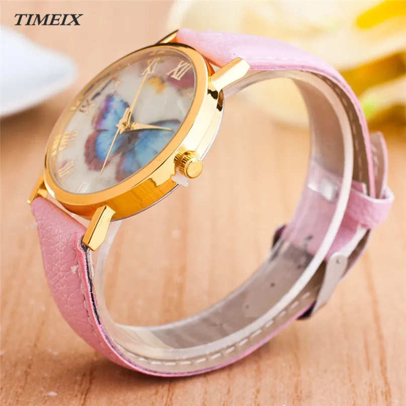 Женские часы 2017 новая мода бабочка стиль кожаный ремешок аналоговые кварцевые