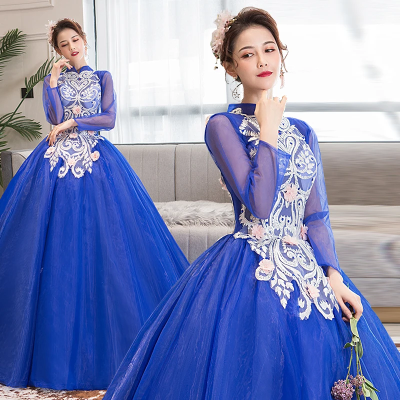Бальные платья 2020 синие Quinceanera с длинным рукавом и высоким воротом 15 шестнадцати