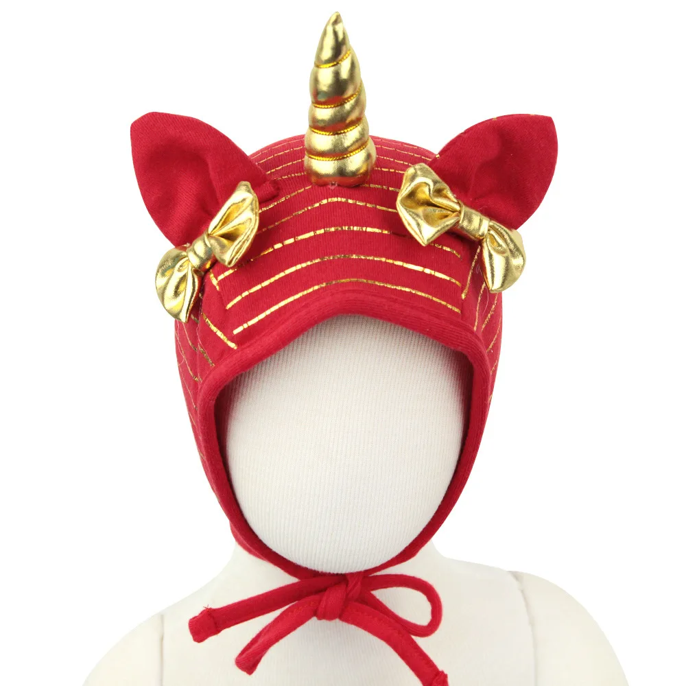 Nishine Gold Unicorn Horn Hat Bow Tie Newborn New Caps Turban Beanie Kids Headwear Photography Props Birthday Gift |
