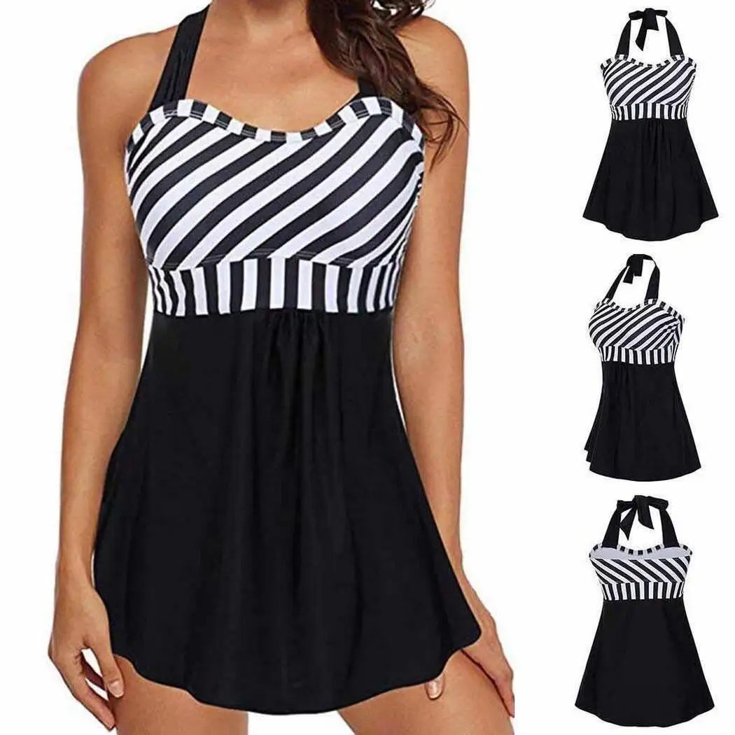Women Halter Sleeveless Striped Backless Two-piece No Swimsuit Summer Short Yes Swimming Wear Regular Loose | Спорт и развлечения