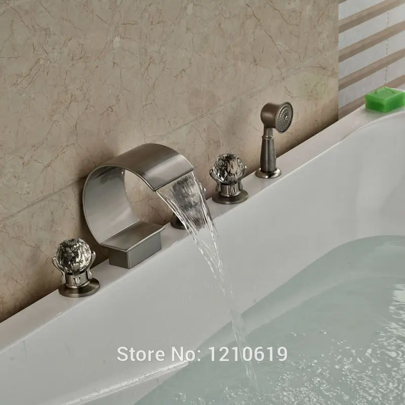 Newly 5Pcs Bathroom Shower Tub Mixer Faucet w/ Hand Nickel Brushed Bathtub Set Crystal Handles | Обустройство дома