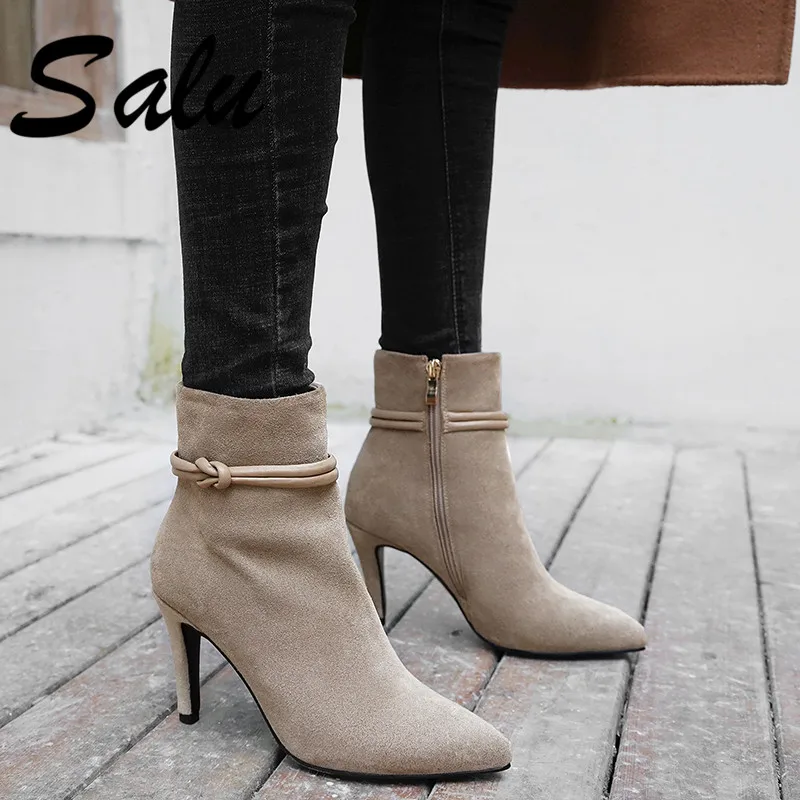 

Salu Boots Women Cow Suede Leather Zipper Autumn Winter Pointed Heels Ankle Boots Party Shoes Woman Black Big Size 41 42 43