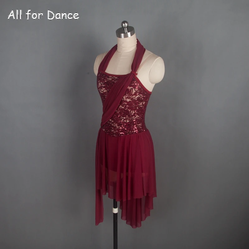 Бордовый балетный костюм женское лирическое танцевальное платье с воротником