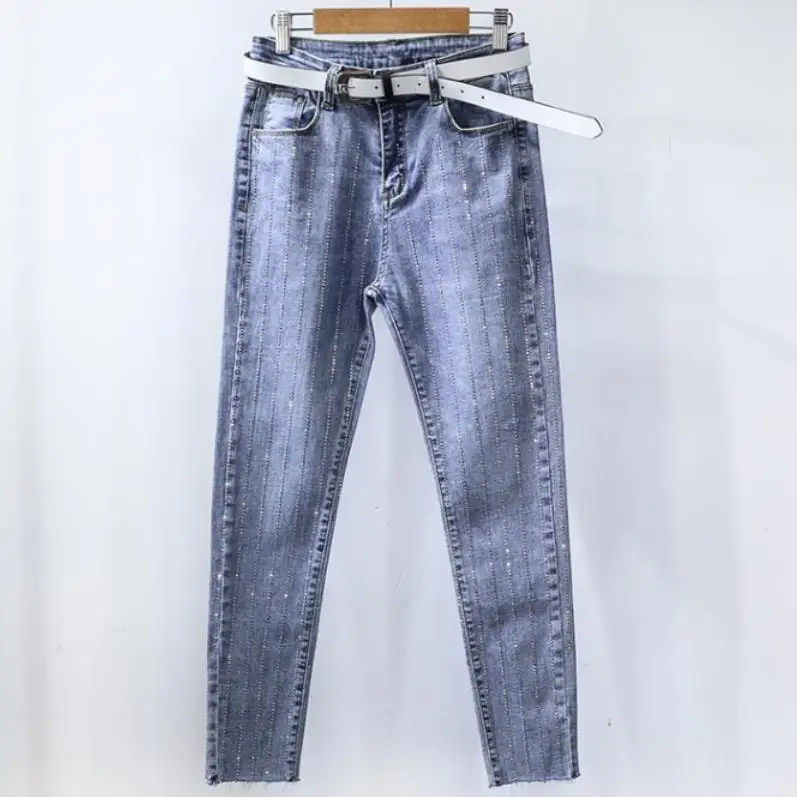 Размера плюс 25 31! Женские узкие джинсы со стразами голубые облегающие карандаш до