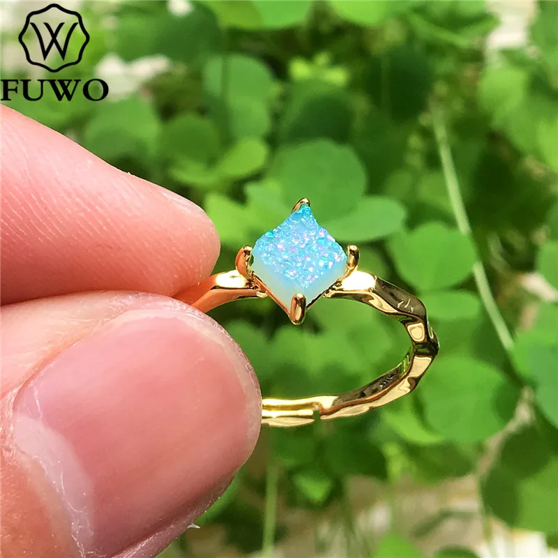 G FUWO квадратное кольцо Aura Druzy с 24K золотым наполнением, минималистичный дизайн, необработанные кольца Druzy для женщин, регулируемый размер RG017 - Цвет основного камня: G